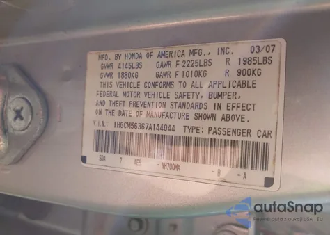 2007 Honda Accord 2.4 Se from USA, damaged, VIN 1HGCM56367A144044